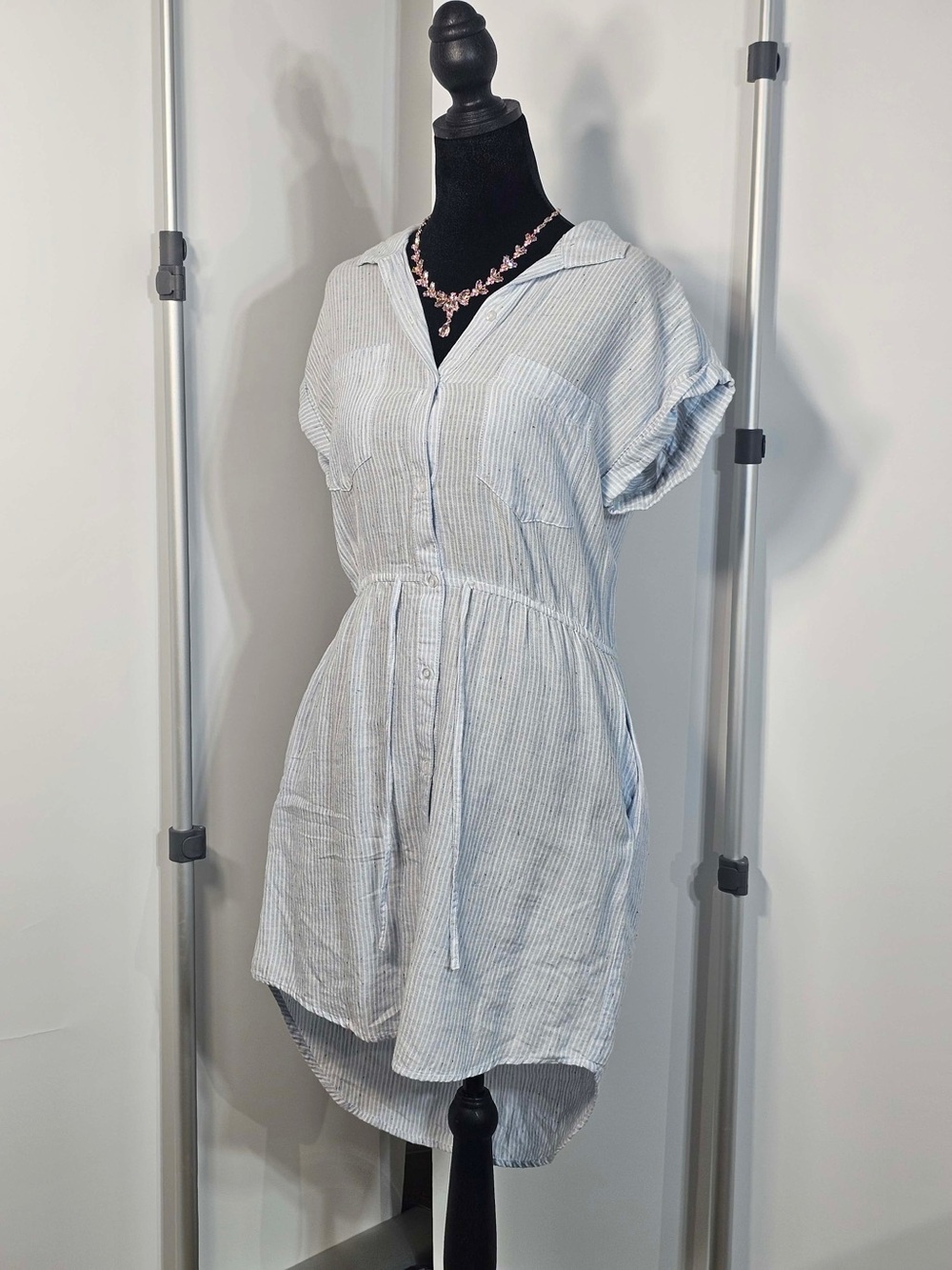 #216 Light Blue Striped Button Front Shirt Dress Tie Waist Size M